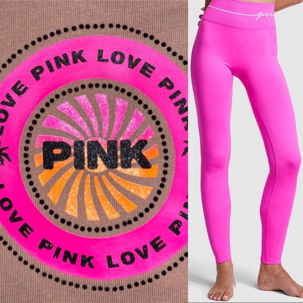 VS Pink SET tropical shine mocha latte campus tee & matching pink berry leggings